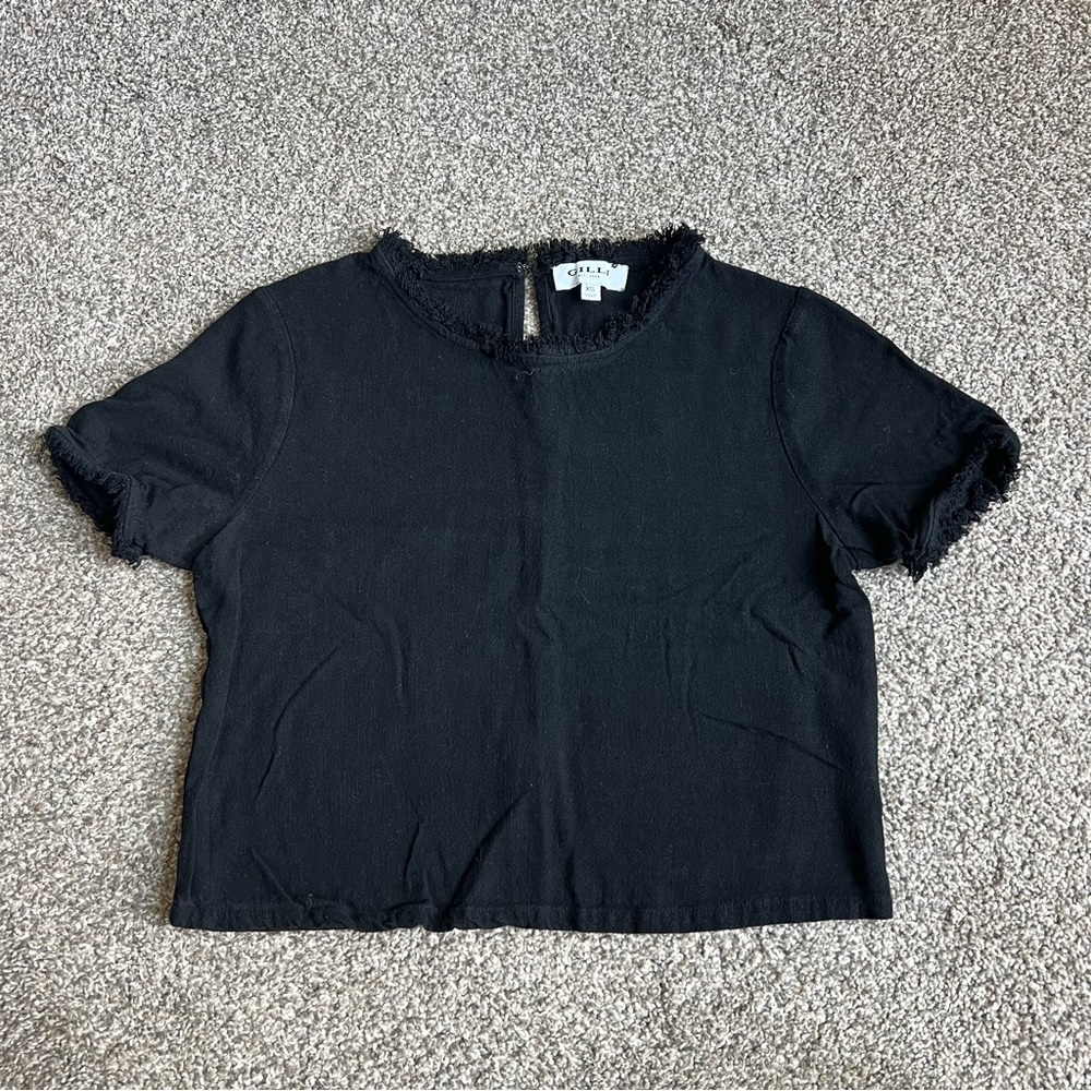 Gilli Black‎ Crop Tee with Fringe Details, Size XS